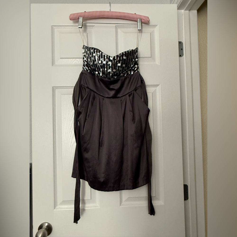 Trixxi Shirt Strapless Gray Satin Dress w/ Silver Sequins and Pockets
